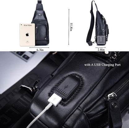 BULLCAPTAIN Genuine Leather Sling Bag with USB Charging Port Multi-pocket Chest Bag for Men Hiking Travel Daypack XB-129