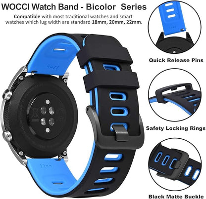 WOCCI 22mm Bicolor Watch Band, Silicone Rubber, Quick Release Replacement Strap for Men and Women, Black Stainless Steel Buckle (Black-Blue)