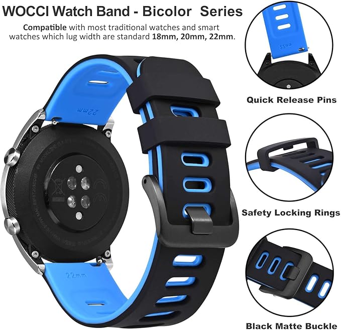 WOCCI 20mm Bicolor Watch Band, Silicone Rubber, Quick Release Replacement Strap for Men and Women, Black Stainless Steel Buckle (Black-Blue)