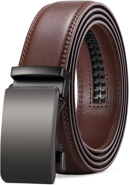 SENDEFN Men's Leather Belt Automatic Ratchet Buckle Slide Belt for Dress Casual Trim to Fit with Gift Box