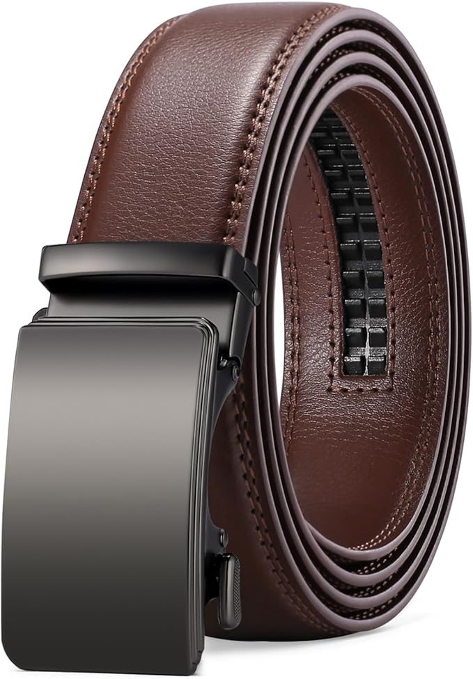 SENDEFN Men's Leather Belt Automatic Ratchet Buckle Slide Belt for Dress Casual Trim to Fit with Gift Box