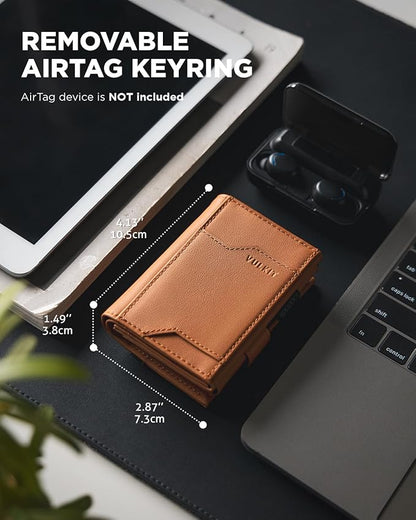 VULKIT Airtag Wallet with Keyring Mens Pop up Credit Card Wallet Compatiable with Air Tag Holder Trifold ID Window RFID Blocking