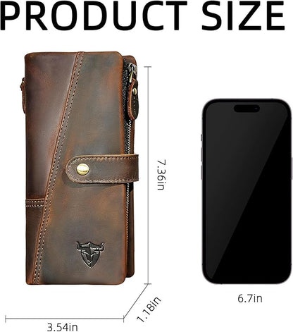 Genuine Crazy Horse Leather Travel Gift Coin Pocket Card Case Long Organizer Chain Rfid Wallet Purse With Snap For Men Male 1803 1815 (1803 Brown-No Chain)