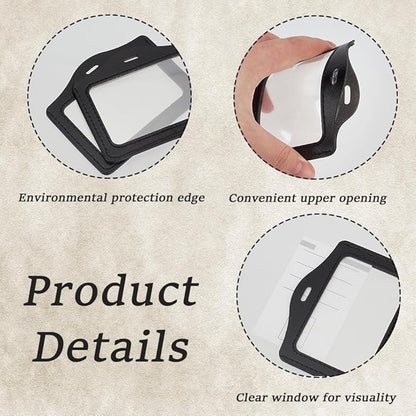4PCS PU Leather Horizontal Photocard Protector with Clear Window Black Leather Badge Holder Waterproof ID Card Case Double Sided Name Badge Pouch for Offices Staff Students Employees
