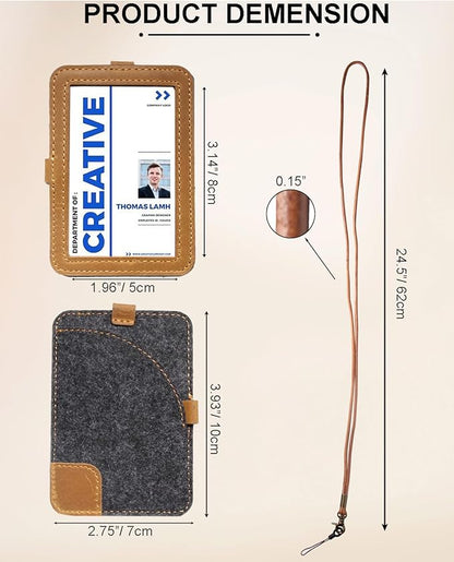 Genuine Badge Holder with Leather Lanyard, Soft Leather ID Card Holder with a Detachable Metal Clip, Clear Window, 2 Card Slots for Office & School IDs, Work Name Cards (Golden-Brown 03)
