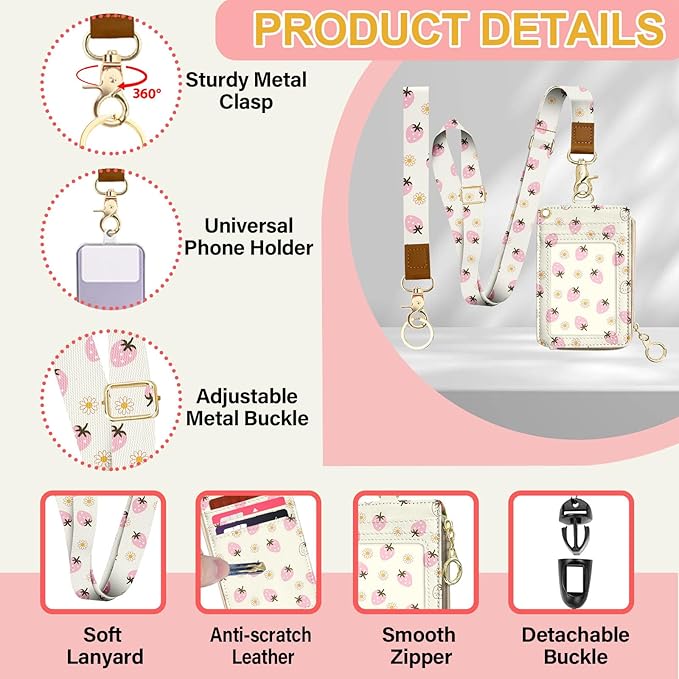 Cute Lanyard Wallet with ID Badge Holder,Strawberry RFID Wallet Women Keychain Wristlet,Slim Credit Card Holder with Zipper Pocket Phone Lanyard Wrist Strap Office Teacher Gift