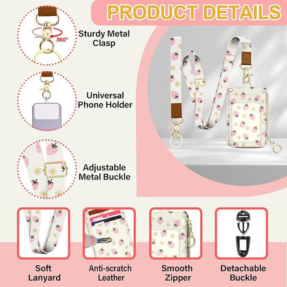 Cute Lanyard Wallet with ID Badge Holder,Strawberry RFID Wallet Women Keychain Wristlet,Slim Credit Card Holder with Zipper Pocket Phone Lanyard Wrist Strap Office Teacher Gift