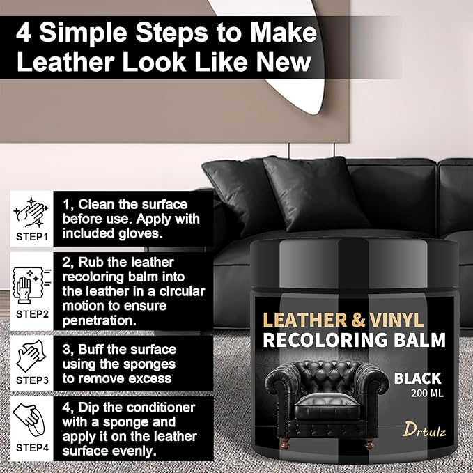 Black Leather Recoloring Balm, Leather Repair Kit for Furniture, Leather Scratch Remover, Leather Color Restorer for Couch, Car Seats, Shoes - Repair Leather Dye for Scratched and Faded Leather