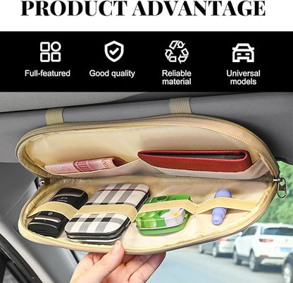 Car Sun Visor Organizer, Multi-Pocket Visor Storage Pouch Sunglasses Holder with Net Zippers, PU Leather Sunvisor Storage Bag with Elastic Band for Driving License Card Pen (Beige)