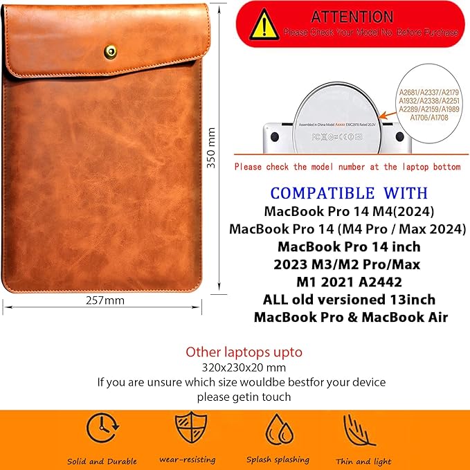 Leather Laptop Sleeve 14 Inch for MacBook Pro 14 Inch M5 M4 M3 M2 M1 Pro/Max Case,Premium Protective Case Cover with Magnetic Closure-Brown