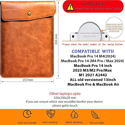 Leather Laptop Sleeve 14 Inch for MacBook Pro 14 Inch M5 M4 M3 M2 M1 Pro/Max Case,Premium Protective Case Cover with Magnetic Closure-Brown