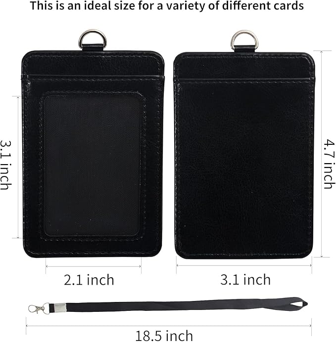 1 Badge Holder with Detachable Lanyard, Vertical PU Leather ID Badge Holder with 1 Clear ID Window & 1 Card Slot for Work, School, Metro & Access Cards (Black)