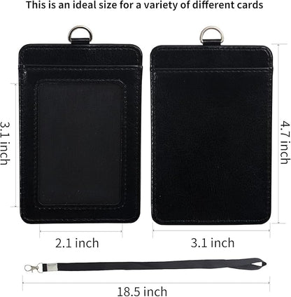 1 Badge Holder with Detachable Lanyard, Vertical PU Leather ID Badge Holder with 1 Clear ID Window & 1 Card Slot for Work, School, Metro & Access Cards (Black)