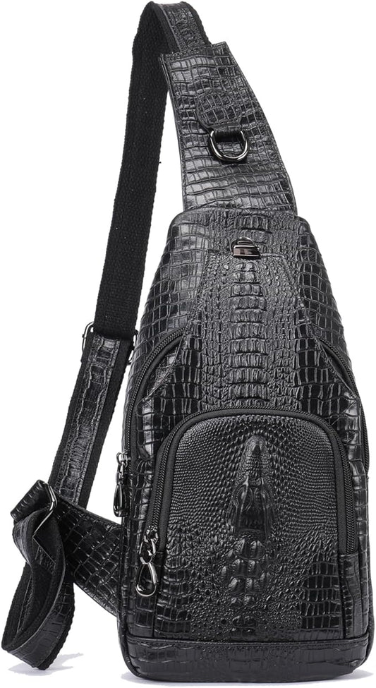 NIUCUNZH Crocodile Leather Sling Bag with Leather Strap, 3 Zipper Crossbody Shoulder Bags for Travel Hike Everyday Carry