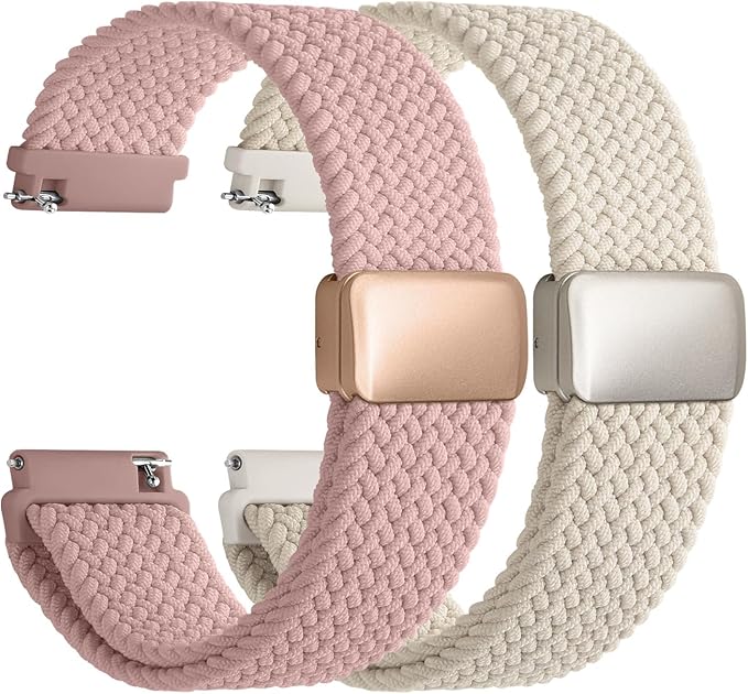 Fullmosa Magnetic Braided Watch Bands - 18mm 20mm 22mm Quick Release Watch Strap, Stretchy Nylon Solo Loop Compatible with Garmin Samsung Galaxy Amazfit for Men Women(18mm, Starlight+Pink)