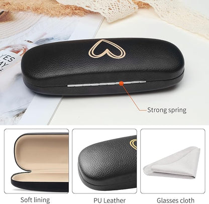 Glasses Case Hard Shell, Leather Protective Case for Sunglasses with Cleaning Cloth, Cute Eyeglass Cases for Women