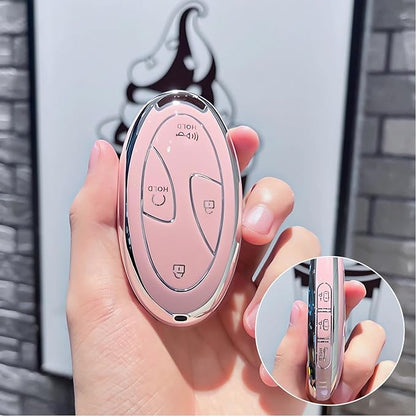 7 Buttons Compatible with Hyundai Key Fob Cover Accessories, Fits for Sonata Santa Fe Tucson KONA Grandeur Ioniq 6, Soft TPU Key Case with Leather Keychain (Pink)