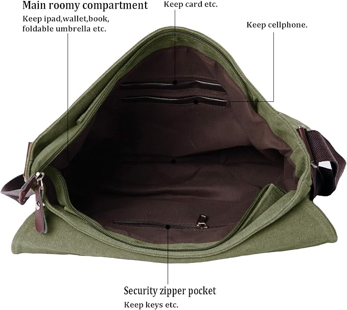 Mactso Vintage Canvas Messenger Bag for Men Women, 13.5 Inch Laptop Satchel Shoulder Bag with Multiple Pockets, Crossbody Bag for Work Travel College (Army green)