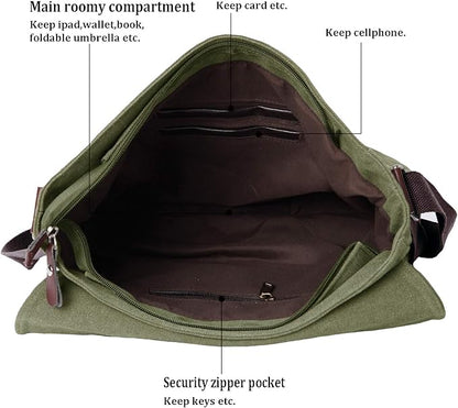 Mactso Vintage Canvas Messenger Bag for Men Women, 13.5 Inch Laptop Satchel Shoulder Bag with Multiple Pockets, Crossbody Bag for Work Travel College (Army green)