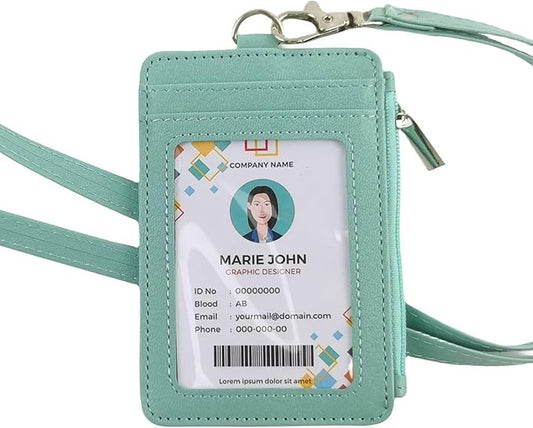 bolimoss 2-in-1 ID Badge Holder with Lanyard Wallet,Vertical ID Badge Card Holder with 1 Clear ID Window, 4 Credit Card Slots, 1 Side Zipper Pouch, Detachable Wristlet & Neck Lanyard (Green)