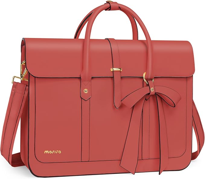 MOSISO Laptop Bag for Women, 15-15.6 inch PU Leather Laptop Shoulder Bags Convertible Backpack, 16 inch Messenger Bags Casual Handbag Work Briefcase Travel Computer Bag with Bowknot, Coral