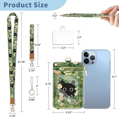 Lanyard Wallet with Id Badge Holder, Floral Cat RFID Small Keychain Wallet Women Wristlet, Cute Zipper Credit Card Holder Phone Wrist Neck Strap for Key Name Tag, Teacher Student Office Gifts