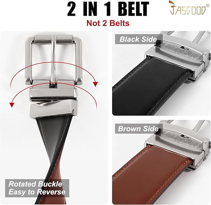 JASGOOD Men's Belt, Reversible Leather Belts for Men for Dress Pants, One Reverse For 2 Sides Casual Belt