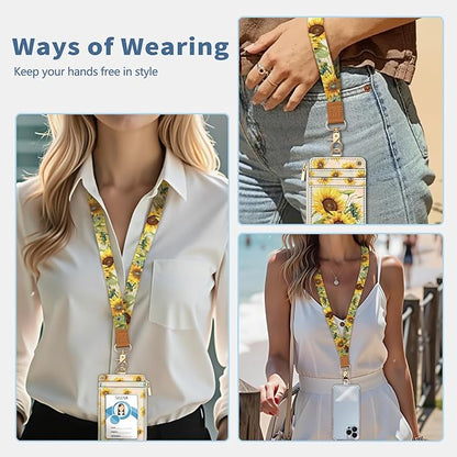 Lanyard Wallet with Id Badge Holder, Sunflower RFID Small Keychain Wallet Women Wristlet, Cute Zipper Credit Card Holder Phone Wrist Neck Strap for Key Name Tag, Teacher Student Office Gifts