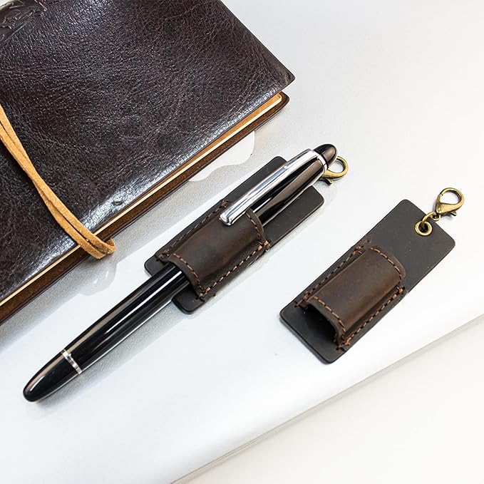 Genuine Leather Pen Holder, 2 Pack Boshiho Pen Pencil Holders for Badge Holder or Neck Lanyard (Dark Brown)