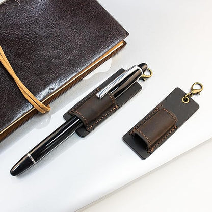 Genuine Leather Pen Holder, 2 Pack Boshiho Pen Pencil Holders for Badge Holder or Neck Lanyard (Dark Brown)