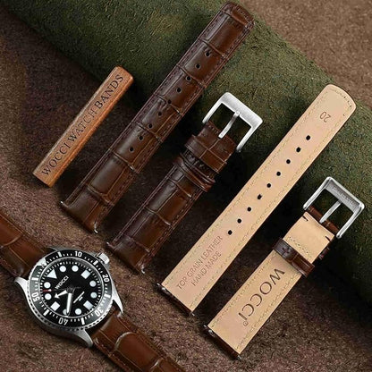 WOCCI Watch Bands, Top Grain Leather, Embossed Alligator Grain, Quick Release, Band Width 18mm 20mm 22mm