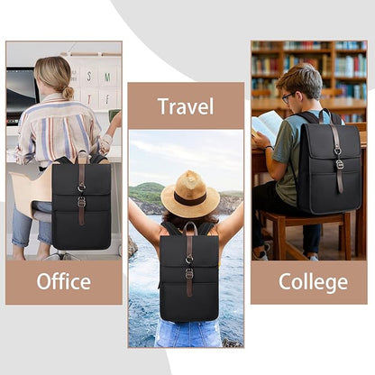 Slim Vintage Laptop Backpack for Men & Women, 15.6 Inch Business Work Backpack with USB Charging Port, Anti-Theft Flap Computer Bag for Commuter Travel – Black