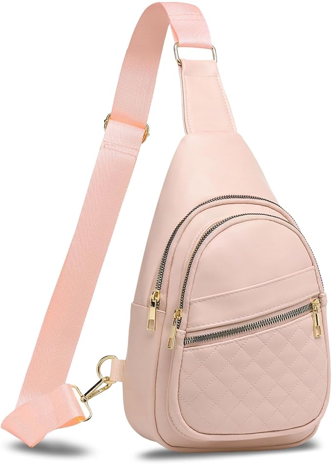 Crossbody Bags for Women Men,Leather Sling Bag Cross Body Backpack for Women, Casual Chest Bag Daypack for Travel Hiking, Pink