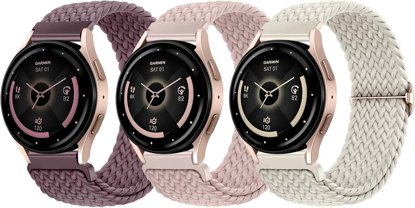 SNBLK 3 Pack 18mm 20mm 22mm Braided Watch Band Compatible with Garmin Vivoactive 5 Watch Bands/Vivoactive 6/3/4s, Quick Release Adjustable Elastic Nylon Loop Strap for Venu 3S/2S/Venu 3/2 Women Men