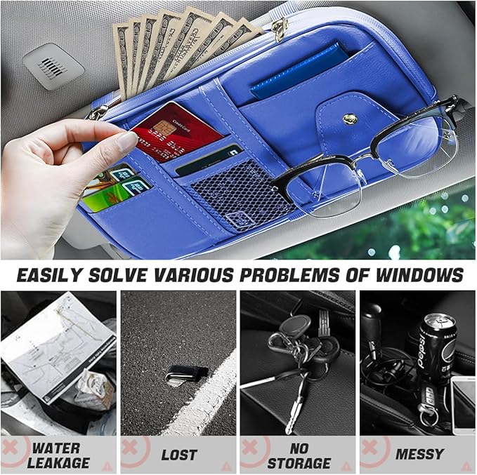 Car Sun Visor Organizer, Sunglass Holder and Storage Pocket, Card Cash Pouch with Multi-Pocket Net Zipper, Case Bag for License Pen Key, Auto Interior Accessories for Truck, SUV, Van (Blue)