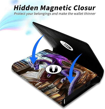 Minimalist Wallet for Men's Card Holders, Pop-Up Card Case Durable Wallets for Women, Leather Automatic Credit Card Holder with Metal Money Clip RFID Blocking Bifold Pocket, Purple Dragon Book