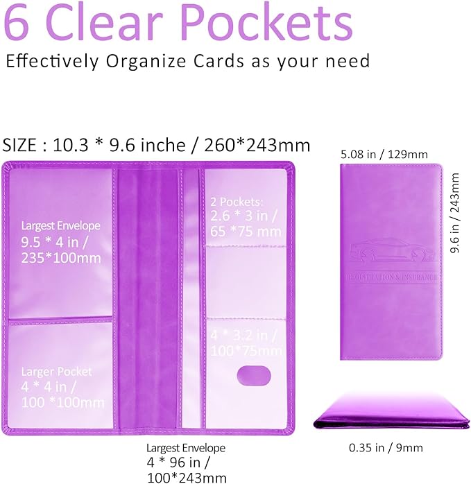 Car Accessories Registration and Insurance Holder,Leather Essential Card Magnetic Shut Vehicle Glove Box Organizer Case for Auto Driver License Document Truck Motorcycle Boat-Purple