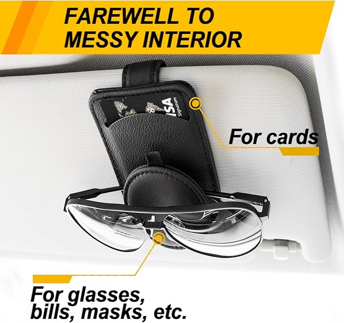Sunglass Holder for Car Visor, Magnet Adsorbed Sunglasses Holder for Car Accessories Parts, Leather Car Sunglass Holder, Car Visor Sunglasses Clip for Glasses Cards (1PCS, Black)
