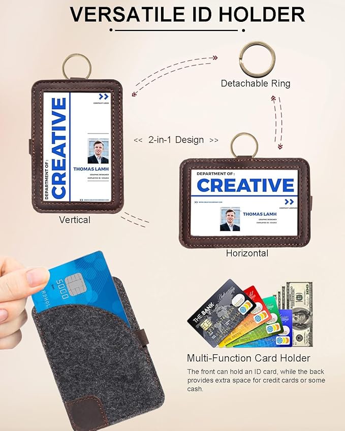 Genuine Badge Holder with Leather Lanyard, Soft Leather ID Card Holder with a Detachable Metal Clip, Clear Window, 2 Card Slots for Office & School IDs, Work Name Cards (Deep-Coffe 03)