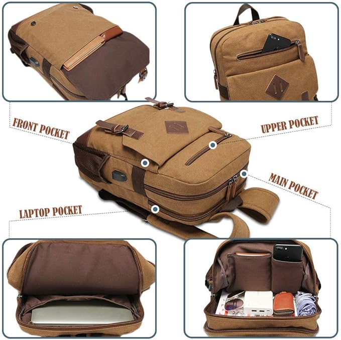 Modoker Eco-Friendly Canvas Backpack for Men Women, Vintage Rucksack Fits Most 15.6 Inch Laptop, Bookbag with USB Charging Port, Brown