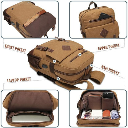 Modoker Eco-Friendly Canvas Backpack for Men Women, Vintage Rucksack Fits Most 15.6 Inch Laptop, Bookbag with USB Charging Port, Brown