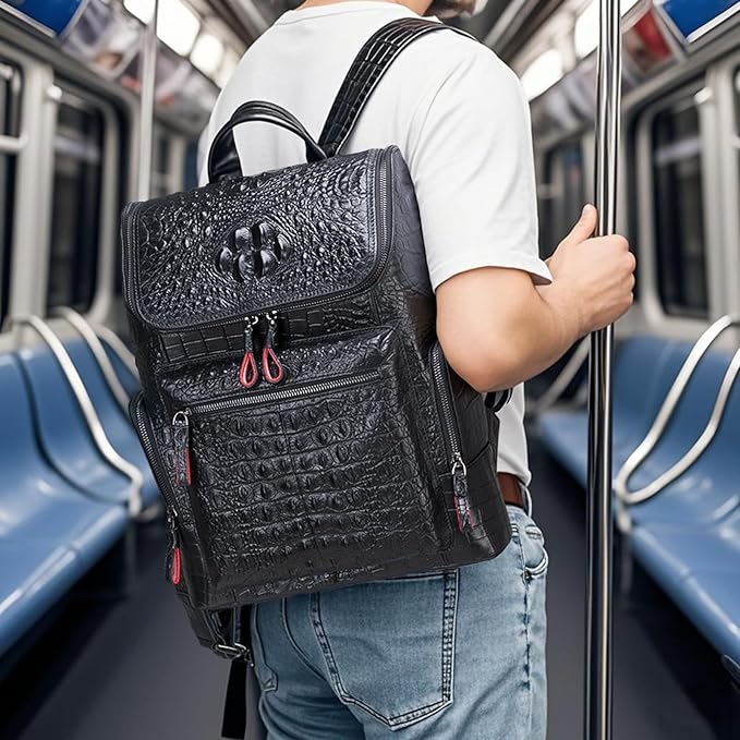 boshiho Real Leather Laptop Backpack Fashion Travel Bag Daypack for Men, Crocodile Pattern (L)