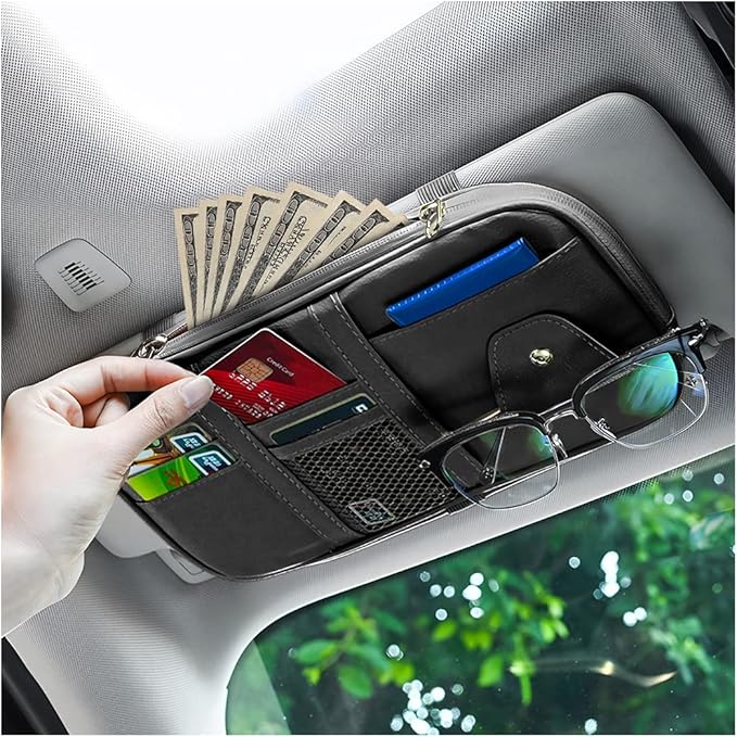 AUCELI Car Sun Visor Organizer, PU Leather Document Registration Case Bag with Multi-Pocket for License Pen Key, Sunglass Holder Net Zipper Storage Pouch, Universal Auto Truck Accessories