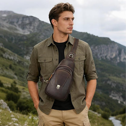 NIUCUNZH Genuine Leather Sling Bag Front Metal-Latch Crossbody Bags Handmade Vintage Chest Shoulder Backpack for Women Men