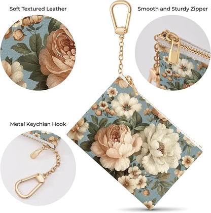 Vintage White Peony Floral Flowers Keychain Coin Purse for Women, Small PU Leather Change Pouch, Zipper Little Tiny Travel Wallet for Girls, Cute Kawaii Zip Pocket Coin Holder with Key Ring