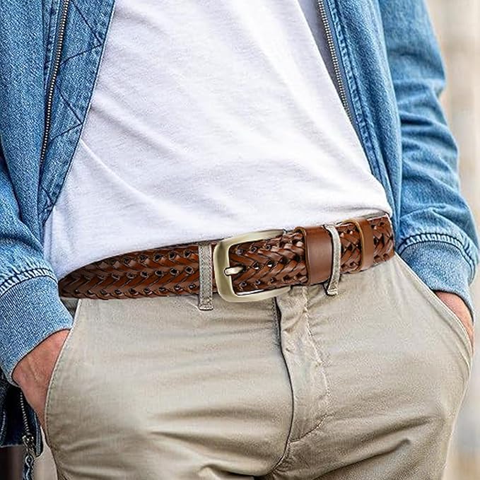 SENDEFN Leather Braided Belts for Men, 1 3/8" Casual Woven Leather Belt for Men Jeans Golf Dress Pants with Gift Box
