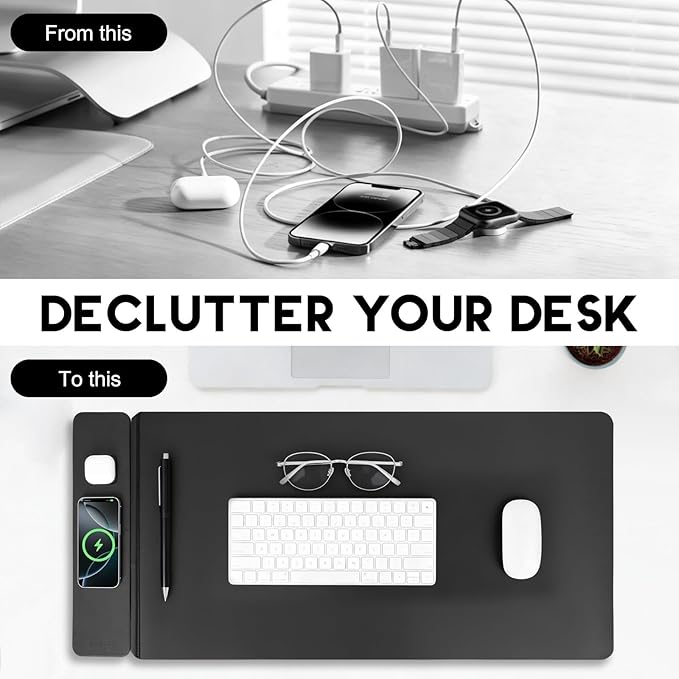Wireless Charging Mouse Pad with 2nd Gen Tech, 3-in-1 25W Fast Charger, Microfiber Leather Desk Mat, Large Waterproof Desk Pad for Office & Gaming(Leather Adds Universal Charging Cable)