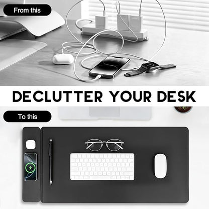 Wireless Charging Mouse Pad with 2nd Gen Tech, 3-in-1 25W Fast Charger, Microfiber Leather Desk Mat, Large Waterproof Desk Pad for Office & Gaming(Leather Adds Universal Charging Cable)