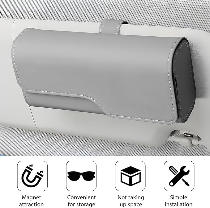 Zpana Sunglass Holder for Car Visor, Leather Auto Eyeglasses Sun Visor Organizer Case with Hidden Magnetic Closure, Auto Protective Glasses Storage Box, Universal for SUV RV Truck (Gray)