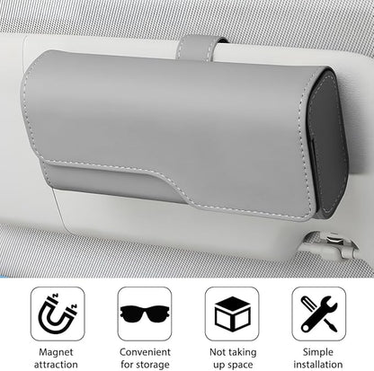 Zpana Sunglass Holder for Car Visor, Leather Auto Eyeglasses Sun Visor Organizer Case with Hidden Magnetic Closure, Auto Protective Glasses Storage Box, Universal for SUV RV Truck (Gray)
